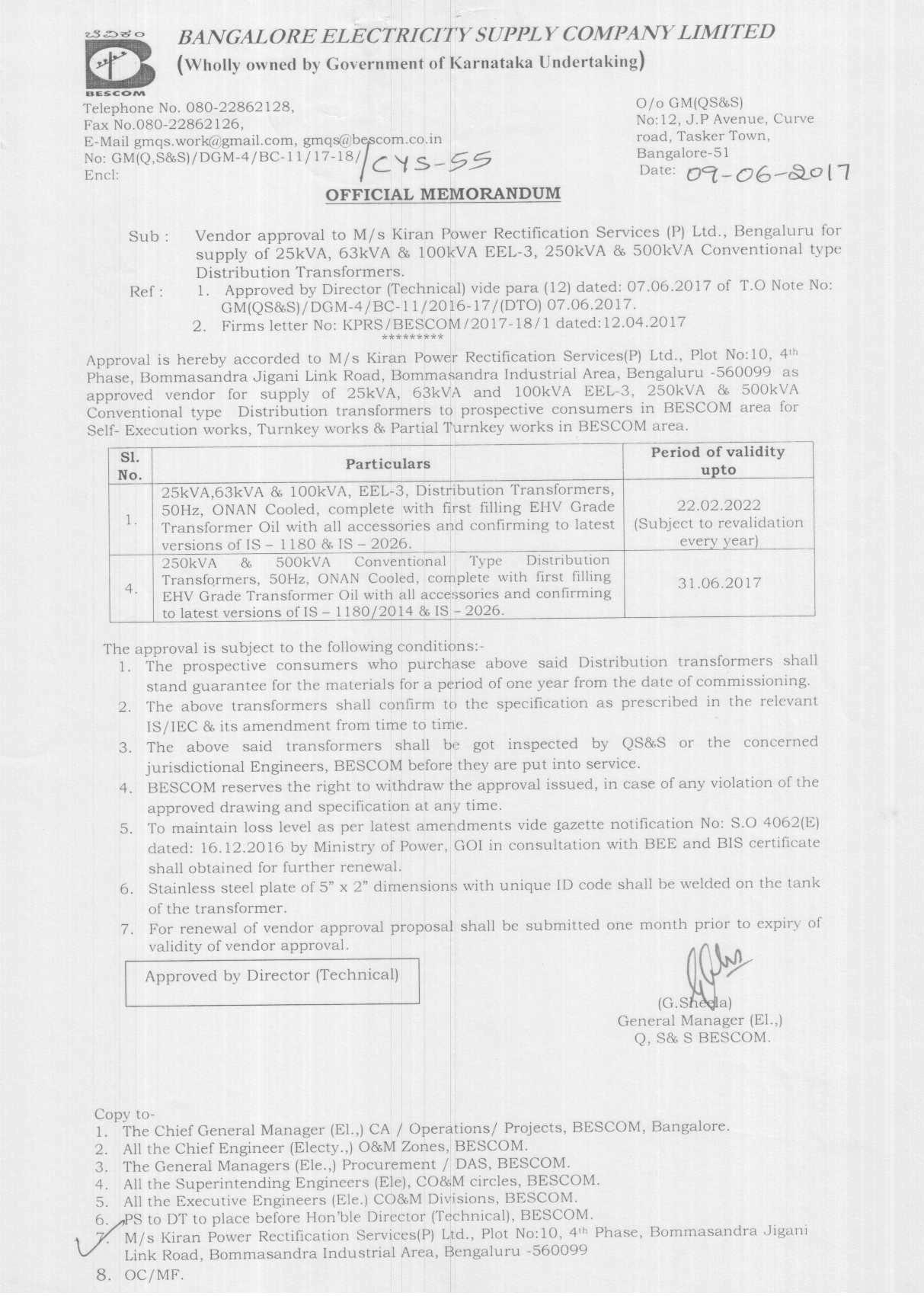 BESCOM APPROVAL 09.06.2017