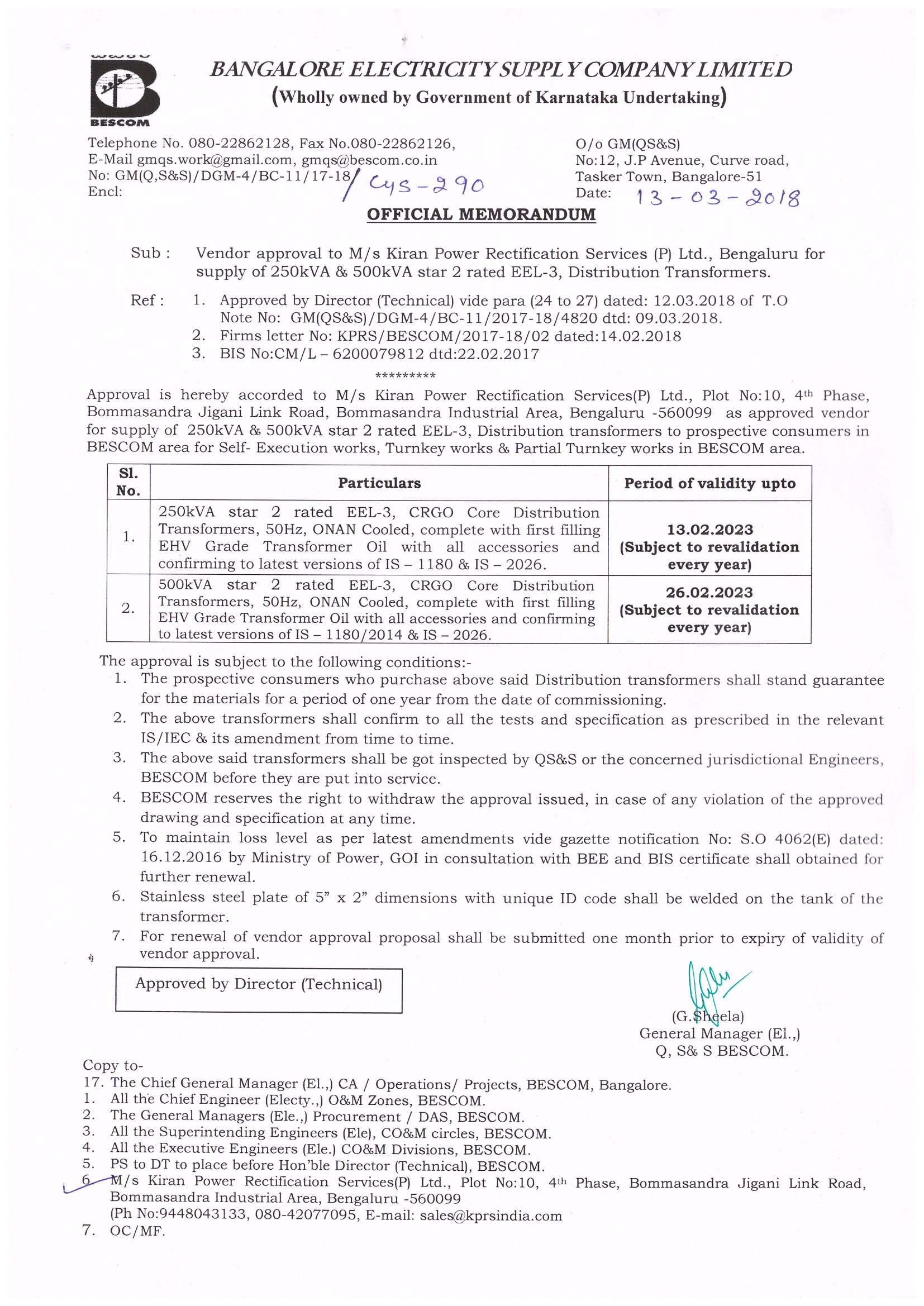 BESCOM APPROVAL 15.03.18