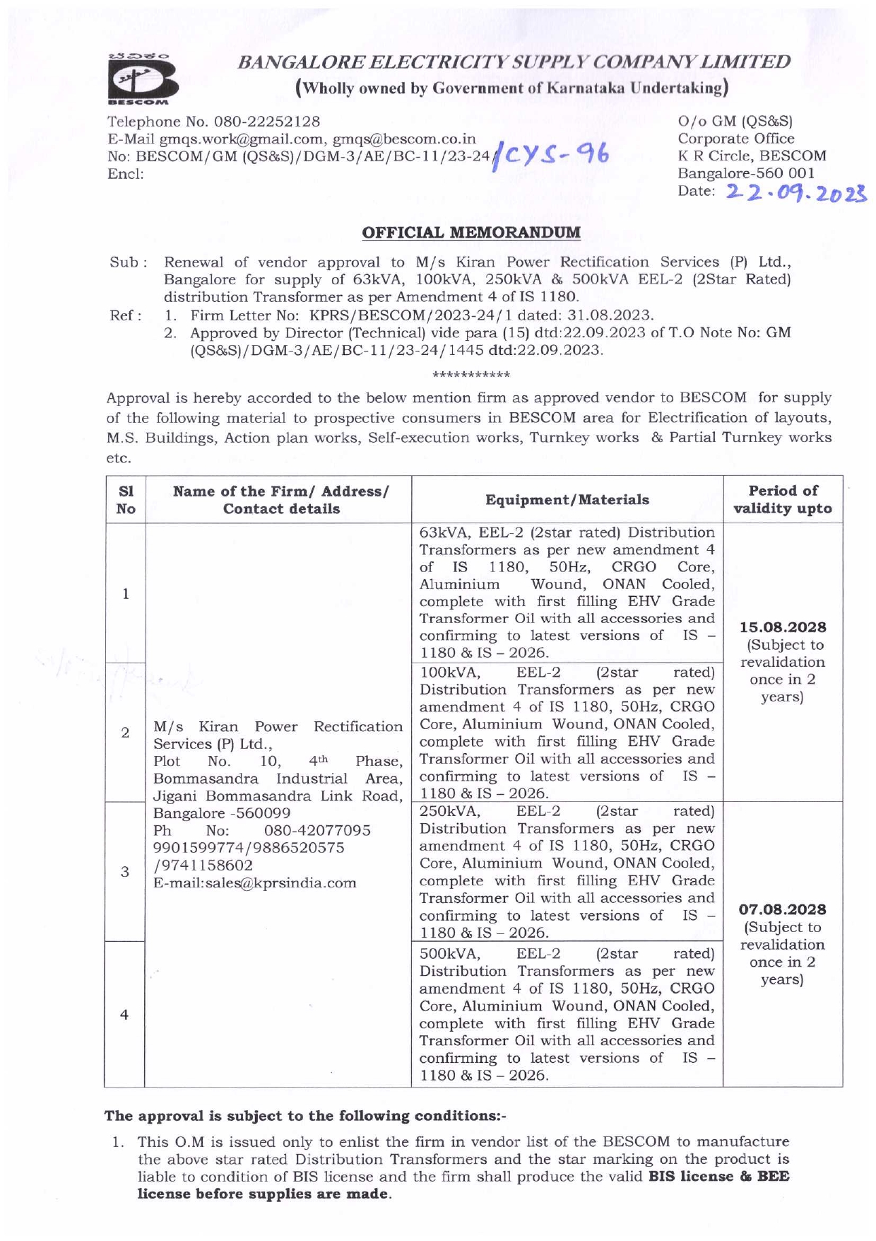 BESCOM APPROVAL 15.03.18
